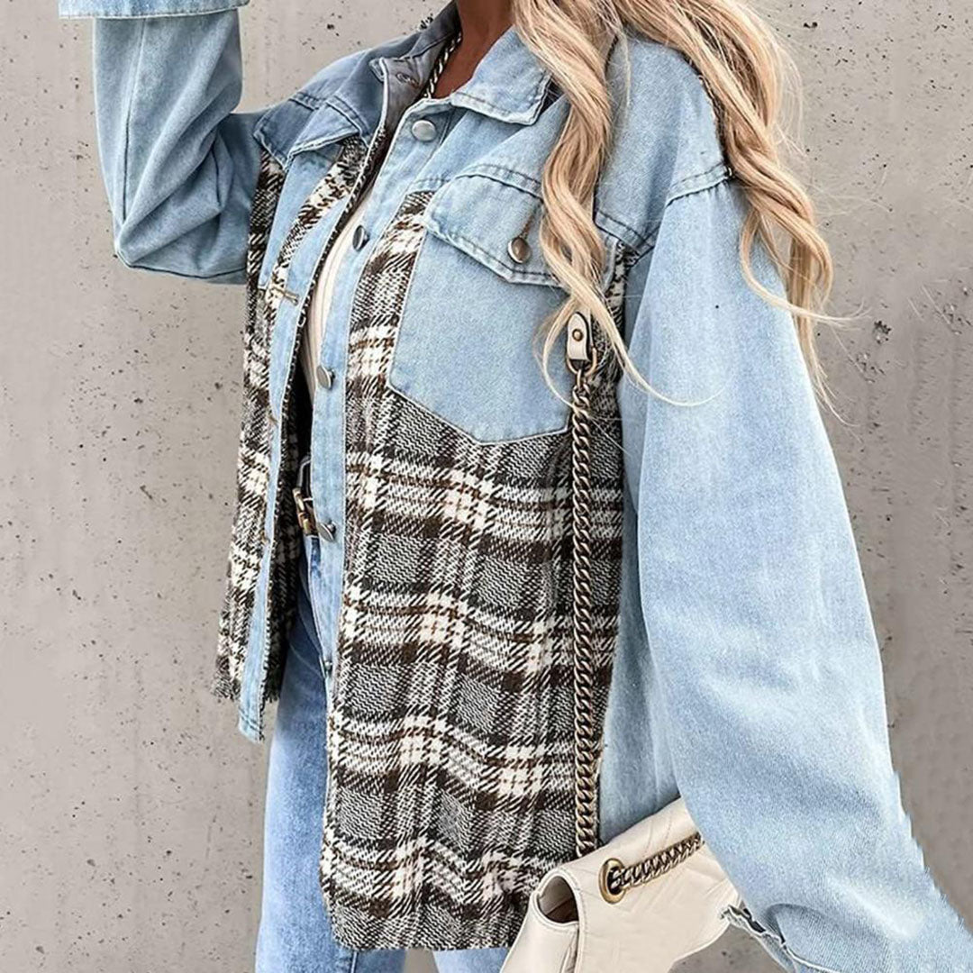 Dames denim shirtjack - stijlvol oversized jack met plaiddetails - Bakkermode.nl