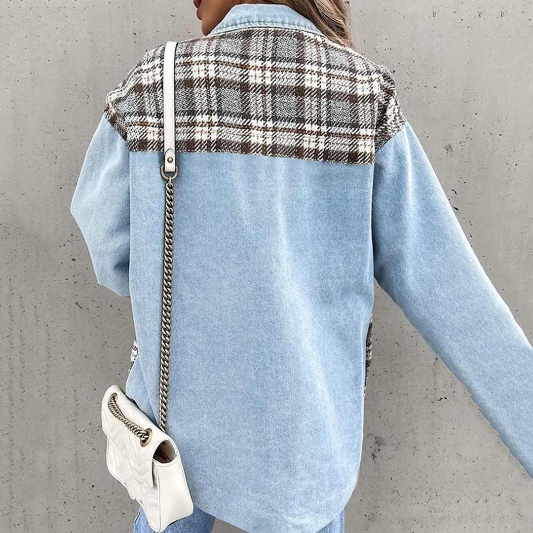 Dames denim shirtjack - stijlvol oversized jack met plaiddetails - Bakkermode.nl