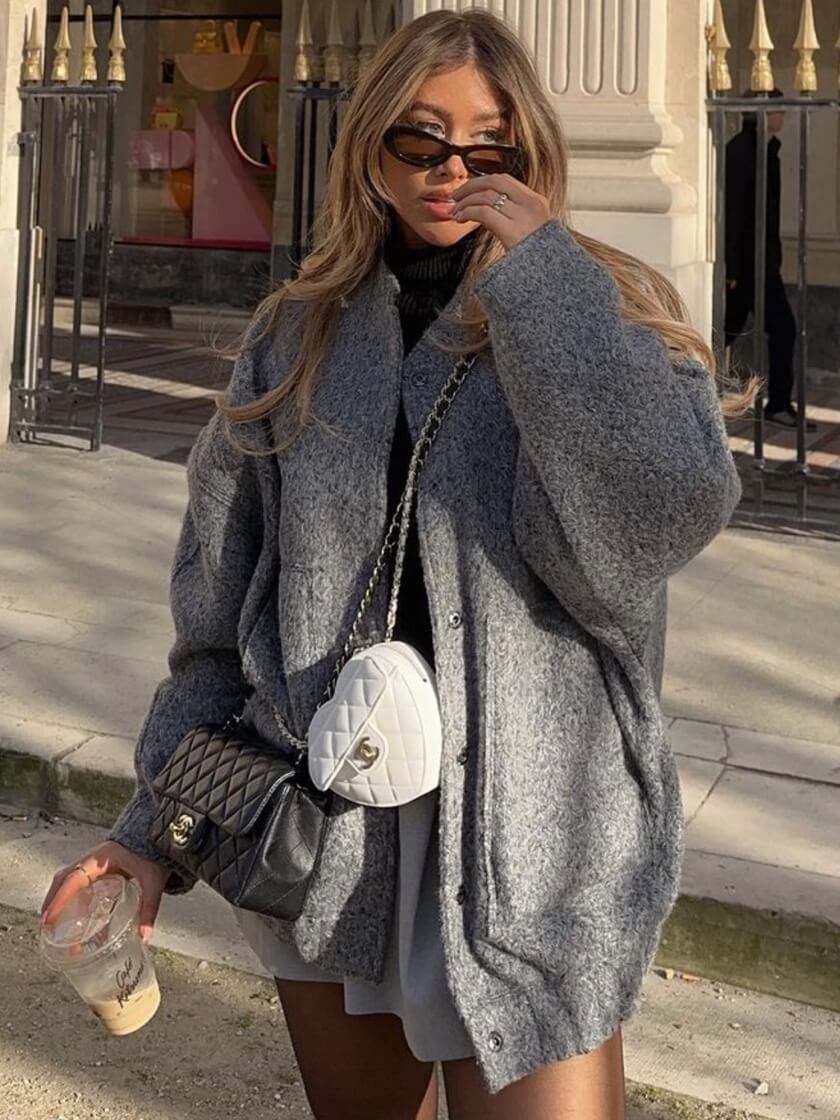 Knus oversized grijs bomberjack dames - casual fleece jas - Bakkermode.nl