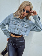 Dames cropped spijkerjas - distressed blauwe denim bomberjack