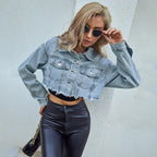 Dames cropped spijkerjas - distressed blauwe denim bomberjack