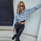 Dames cropped spijkerjas - distressed blauwe denim bomberjack