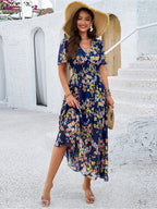 Dames bloemen maxi jurk - elegante korte mouwen zomeroutfit, luchtige stof voor casual uitjes