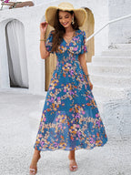 Dames bloemen maxi jurk - elegante korte mouwen zomeroutfit, luchtige stof voor casual uitjes