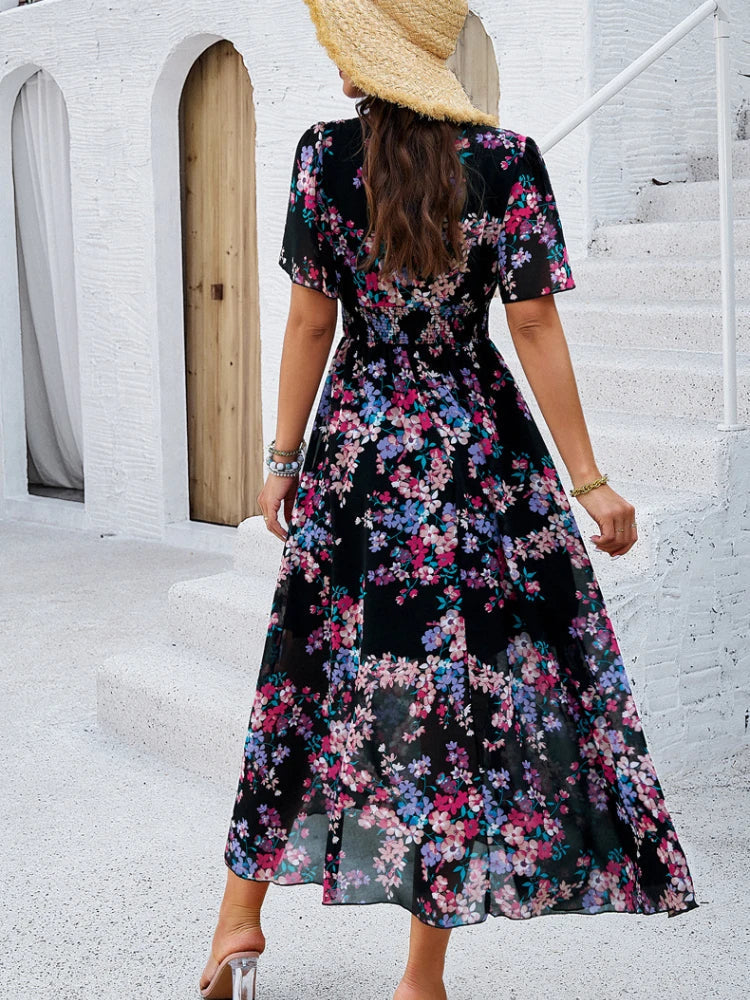 Dames bloemen maxi jurk - elegante korte mouwen zomeroutfit, luchtige stof voor casual uitjes
