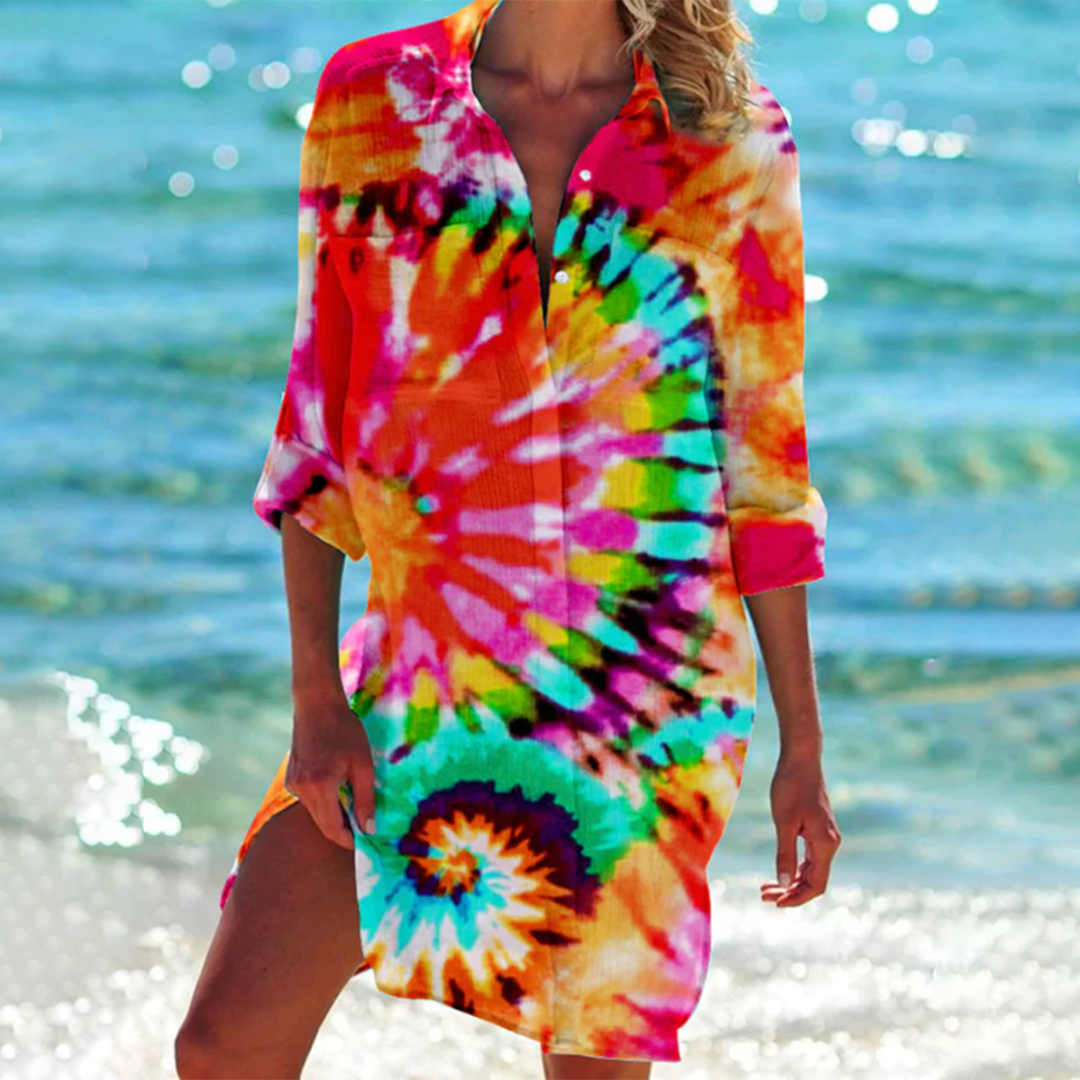 Dames tie-dye strandjurk - levendige zomercover-up
