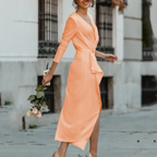 Vrouwen elegante oranje wikkel midi jurk - voor speciale gelegenheden