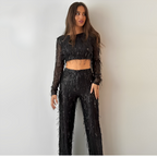 2-delig damesfeest pailletten set - glamoureuze pailletten crop top en broek voor speciale gelegenheden