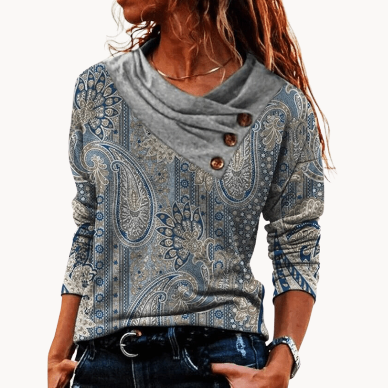Dames grijze gebreide pullover - elegante top voor vrouwen met opgevouwen kraag