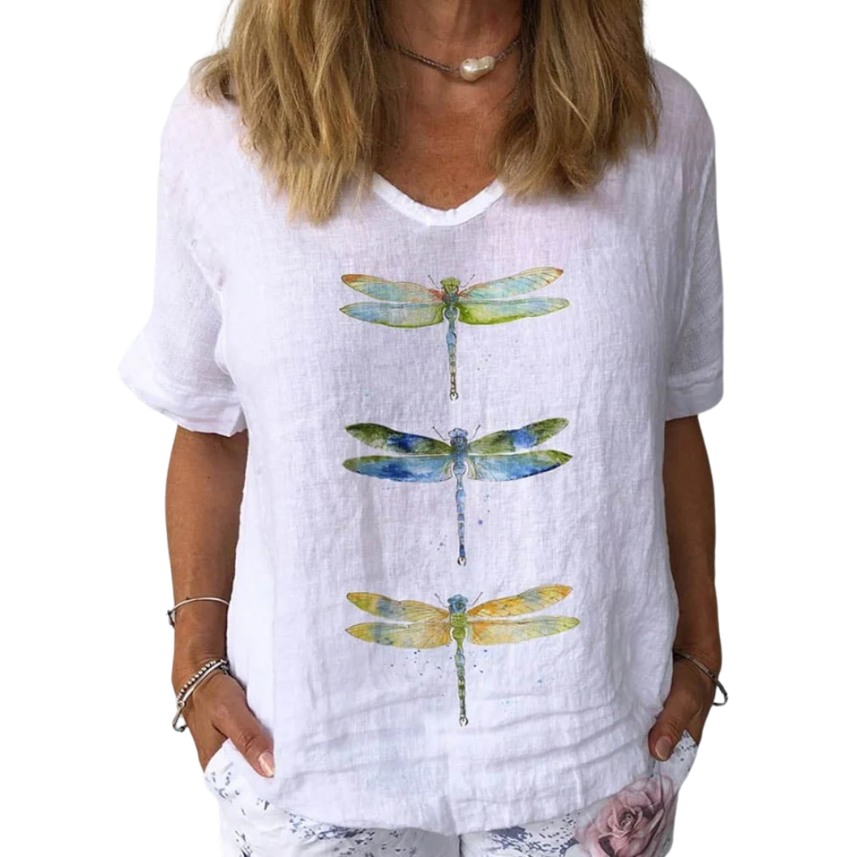 Dames casual top met libellenprint - luchtige witte linnen blouse voor elke dag