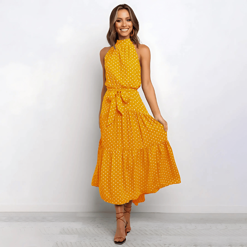 Dames casual polkadot maxi jurk met halternek - elegante avondmode van lichtgewicht stof, veelzijdige stijl voor speciale gelegenheden