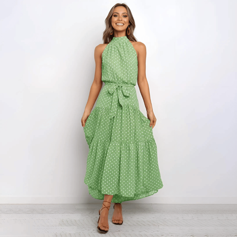 Dames casual polkadot maxi jurk met halternek - elegante avondmode van lichtgewicht stof, veelzijdige stijl voor speciale gelegenheden