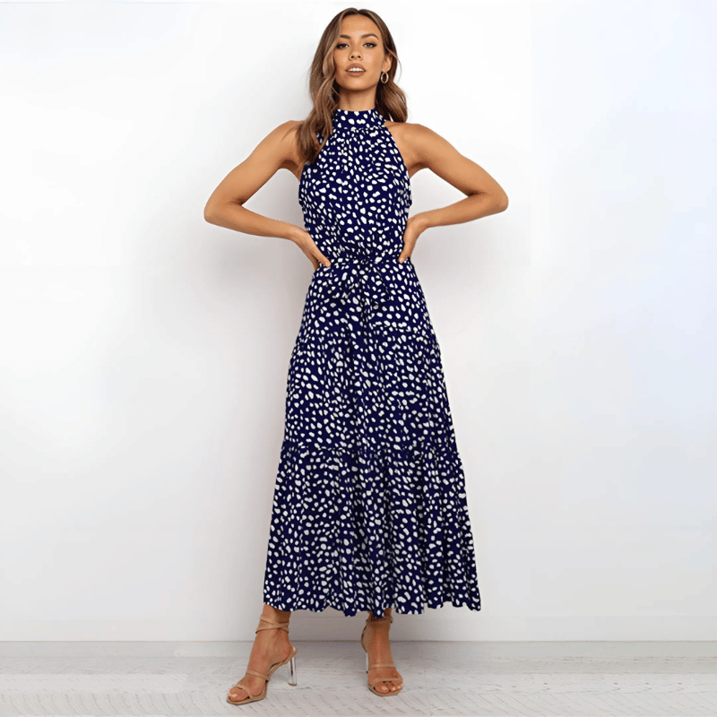 Dames casual polkadot maxi jurk met halternek - elegante avondmode van lichtgewicht stof, veelzijdige stijl voor speciale gelegenheden
