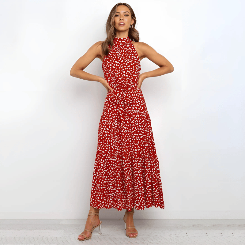 Dames casual polkadot maxi jurk met halternek - elegante avondmode van lichtgewicht stof, veelzijdige stijl voor speciale gelegenheden