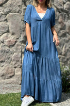 Dames tiered maxi jurk met korte mouwen - flatterende v-hals casual zomeroutfit