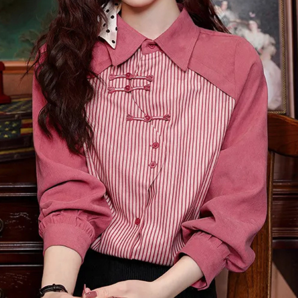 Dames rode blouse met knopen - stijlvolle gestreepte print