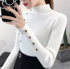 Turtleneck trui - geribbelde dames top met knoopdetails