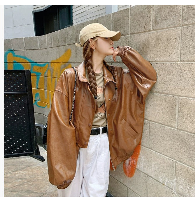 Oversized cognac faux leren jas - warme damesjas met zachte stof