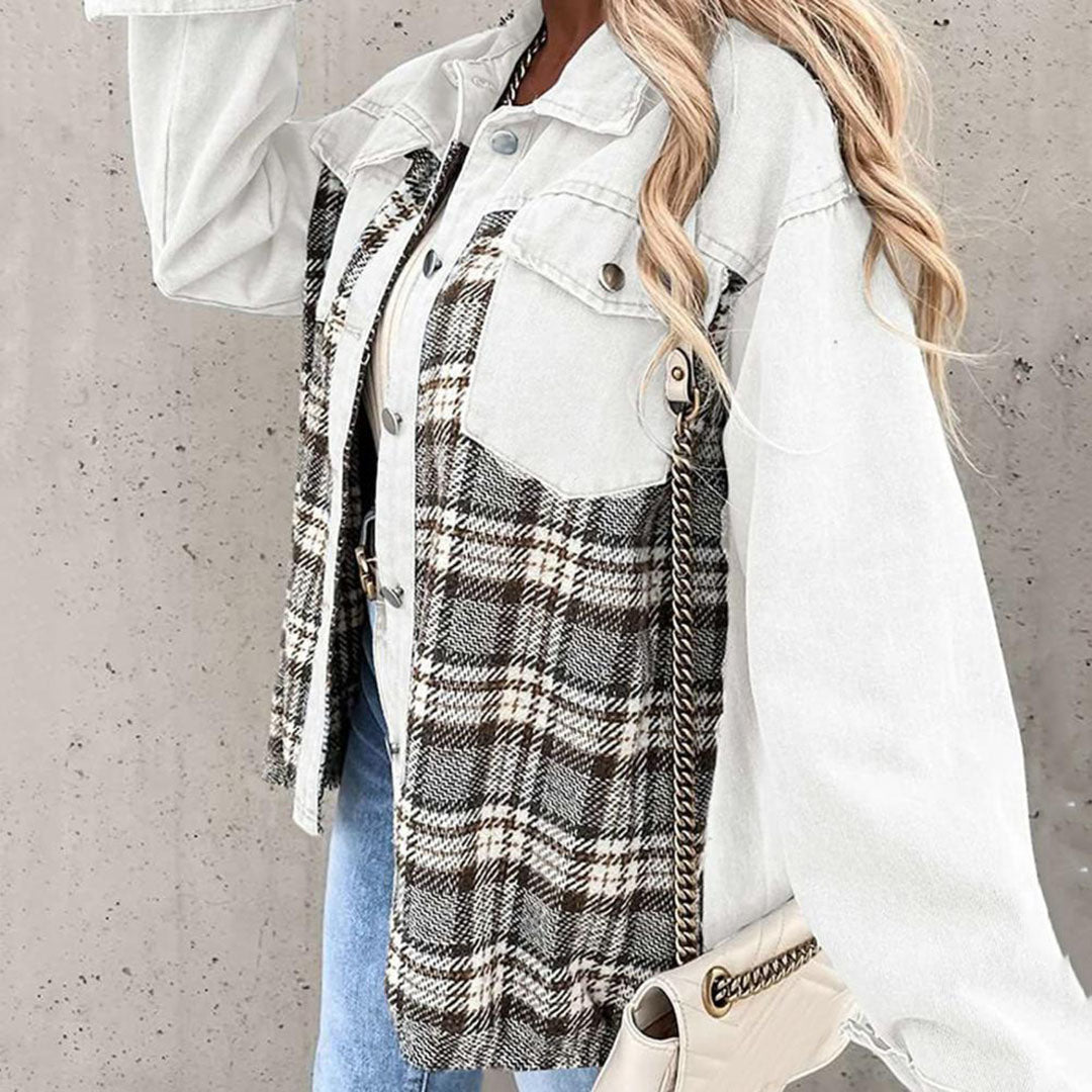 Dames denim shirtjack - stijlvol oversized jack met plaiddetails - Bakkermode.nl