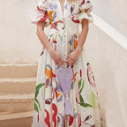 Dames bloemen maxi jurk - elegante puff mouw button-down zomerjurk