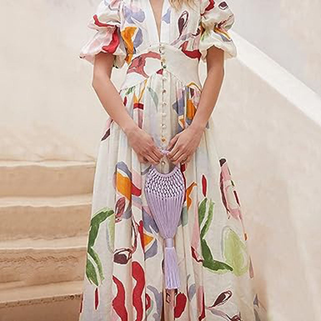 Dames bloemen maxi jurk - elegante puff mouw button-down zomerjurk