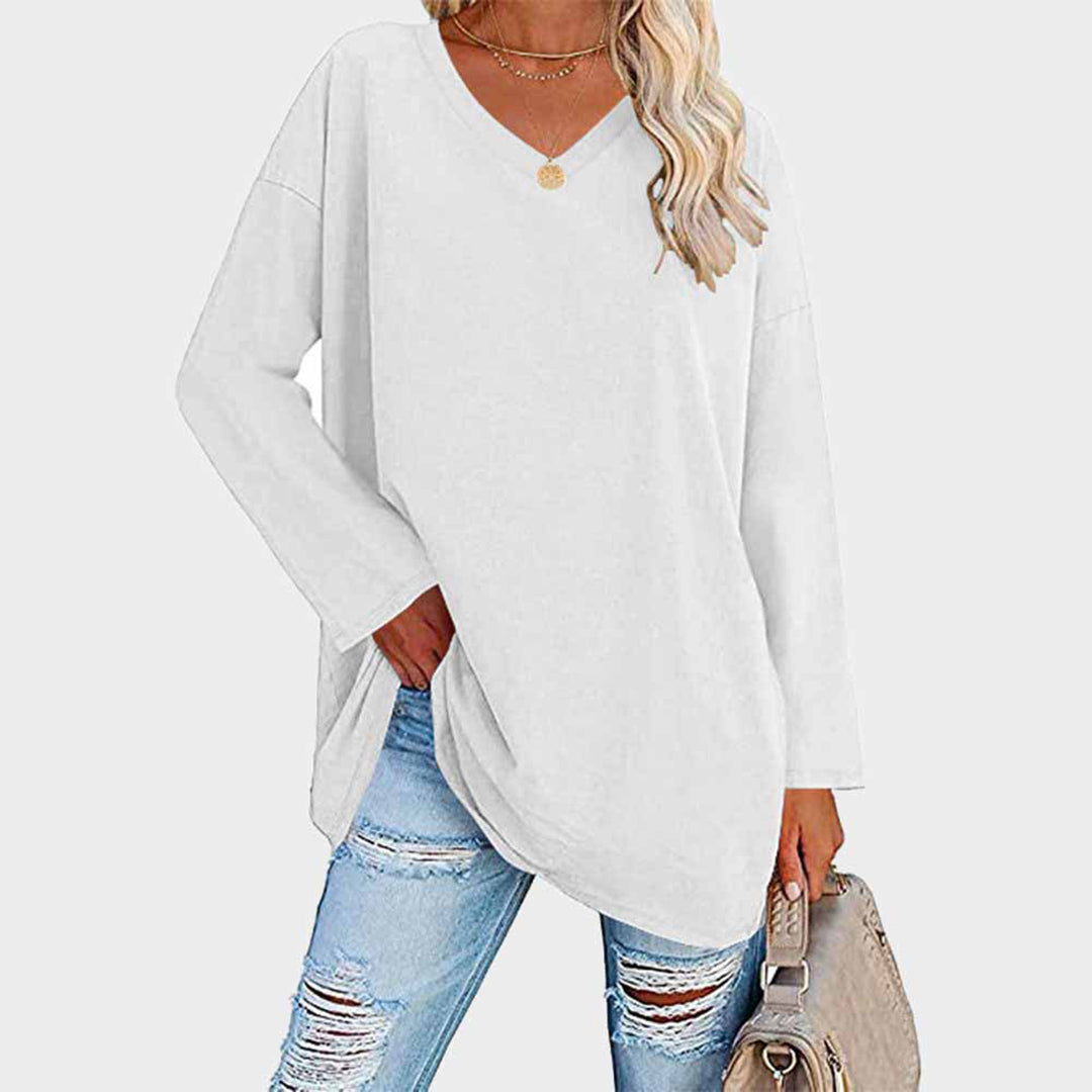 Dames relaxed fit v-hals tuniek blouse met lange mouwen - casual everyday wear, zachte stof
