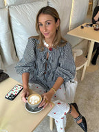 Dames puff sleeve blouse met elegante gestreepte print - stijlvolle casual top met strikdetail voor dagelijks gebruik