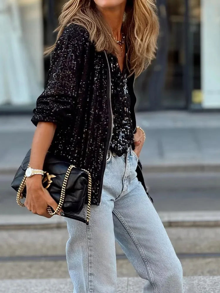 Pailletten bomberjack - stijlvolle damesjas met ritssluiting - Bakkermode.nl