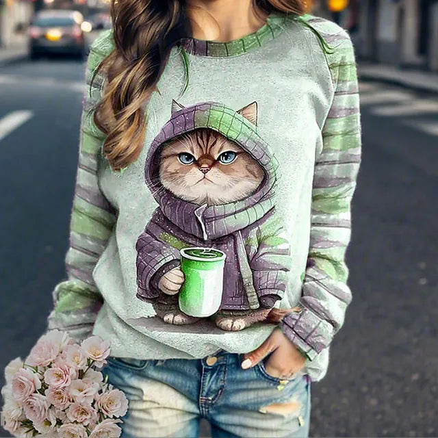 Grafische print sweatshirt - gezellige dames hoodie met kattenontwerp - Bakkermode.nl