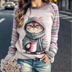 Grafische print sweatshirt - gezellige dames hoodie met kattenontwerp - Bakkermode.nl