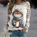 Grafische print sweatshirt - gezellige dames hoodie met kattenontwerp - Bakkermode.nl