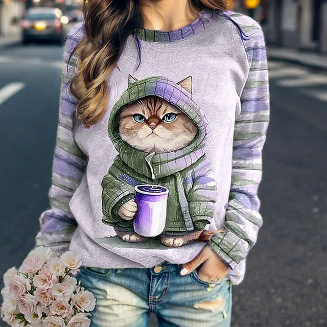 Grafische print sweatshirt - gezellige dames hoodie met kattenontwerp - Bakkermode.nl