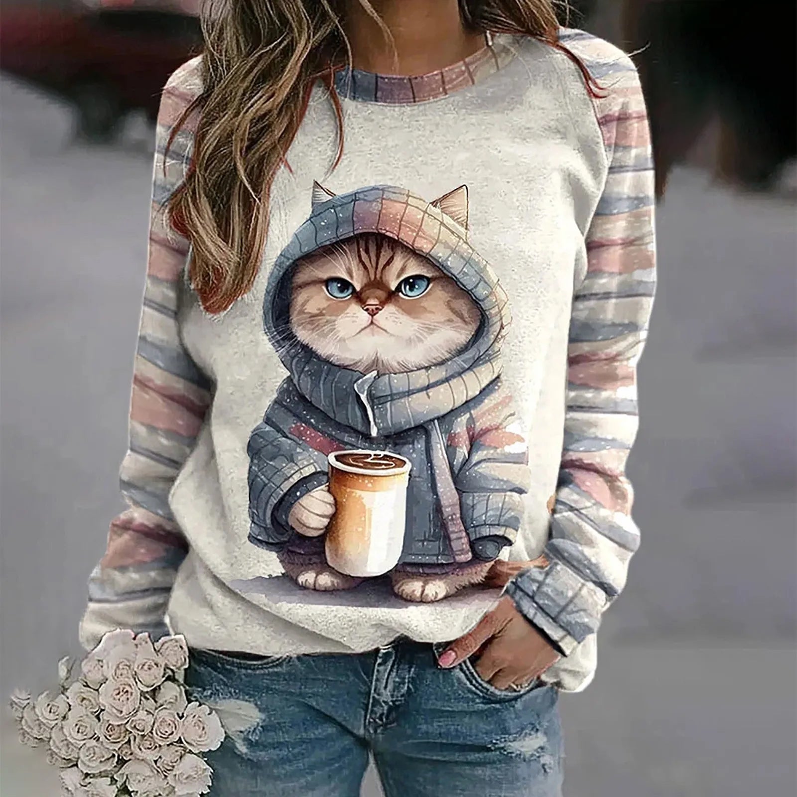 Grafische print sweatshirt - gezellige dames hoodie met kattenontwerp - Bakkermode.nl