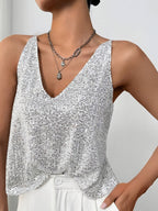 Dames cami top met grijze pailletten - mouwloze blouse voor avonden