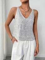 Dames cami top met grijze pailletten - mouwloze blouse voor avonden