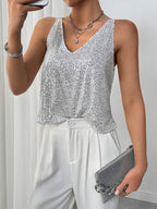 Dames cami top met grijze pailletten - mouwloze blouse voor avonden
