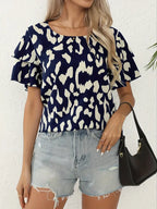 Dames casual blouse met flatterende ronde hals in beige dierenprint - trendy zomer tops voor dagelijks gebruik