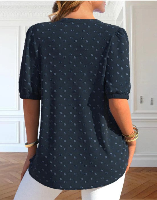 Dames casual blouse met kantdetails - marineblauwe korte mouw top voor dagelijks gebruik