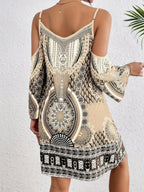 Dames casual jurk bohemian stijl - cold shoulder vintage print zomeroutfit