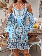 Dames casual jurk bohemian stijl - cold shoulder vintage print zomeroutfit