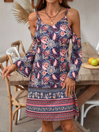 Dames casual jurk bohemian stijl - cold shoulder vintage print zomeroutfit