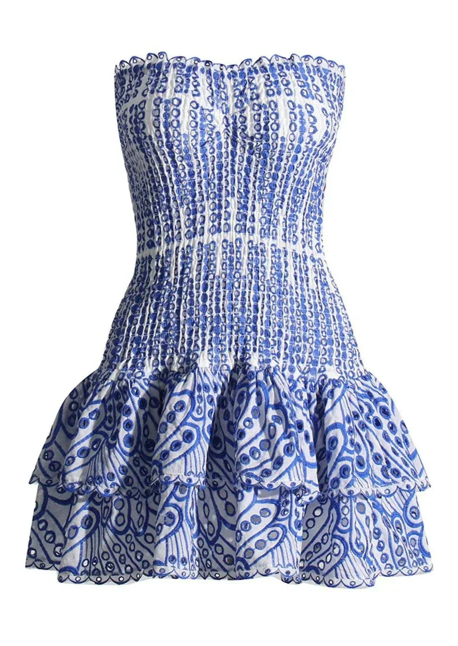 Dames casual jurk - elegante strapless geborduurde shift in blauw - voor zomergelegenheden