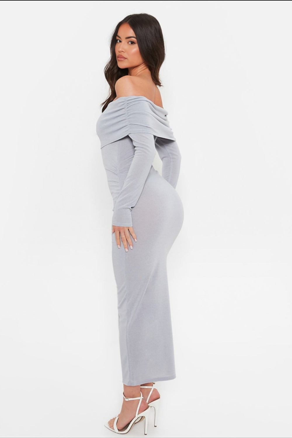 Dames casual jurk grijs off-shoulder midi - elegante outfit voor dag en avond
