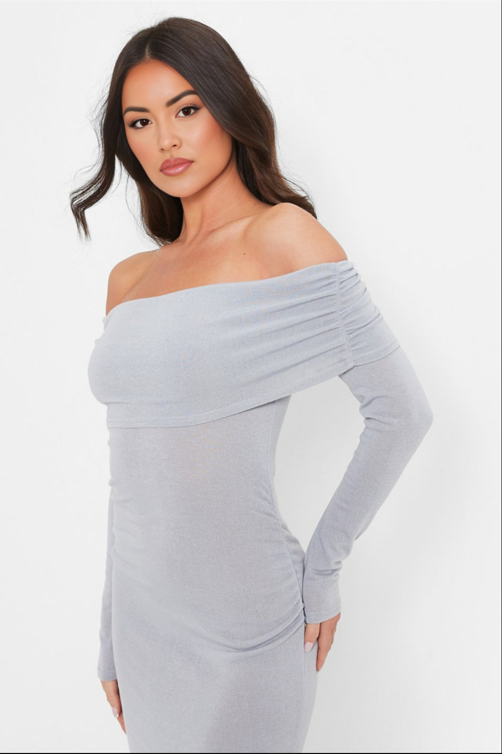 Dames casual jurk grijs off-shoulder midi - elegante outfit voor dag en avond