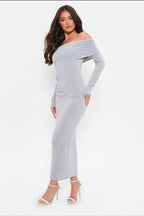 Dames casual jurk grijs off-shoulder midi - elegante outfit voor dag en avond