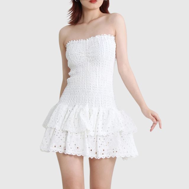 Dames casual mini jurk met smocked strapless ontwerp - vloeiende ruffles voor de zomer