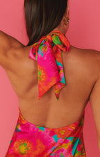 Dames casual mini jurk - levendige roze bloemenprint halterjurk voor de zomer