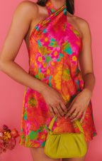 Dames casual mini jurk - levendige roze bloemenprint halterjurk voor de zomer