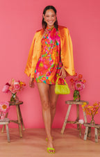 Dames casual mini jurk - levendige roze bloemenprint halterjurk voor de zomer