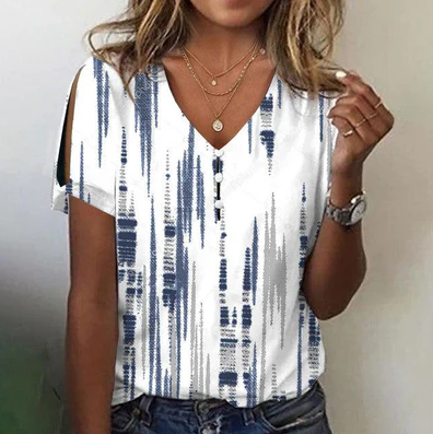 Dames casual t-shirt met elegante blauwe print - veelzijdige zomermode voor vrouwen